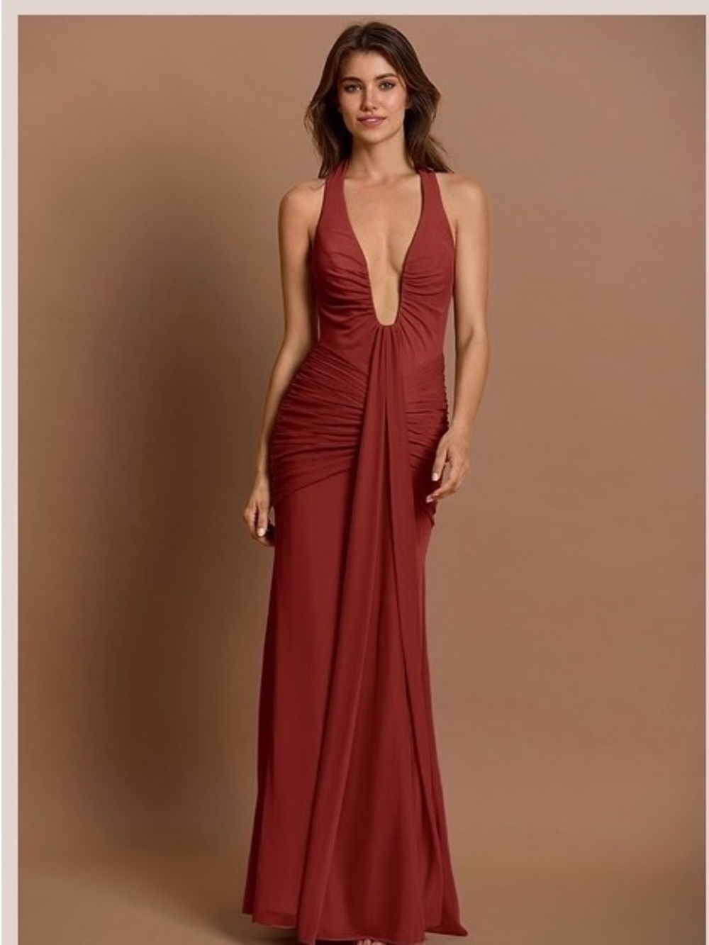 Azazie Deep Plunge Ruched Maxi Dress in Rust